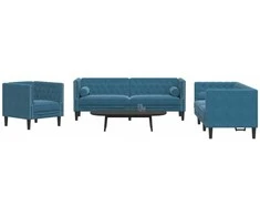 Sofa Chesterfield sofų komplektas su pagalvėlėmis, 3 dalių, mėlynas