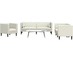 Sofa Chesterfield sofų komplektas su pagalvėlėmis, 3 dalių, kreminė