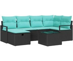 Sofos komplektas su pagalve 7 pcs Juoda ir turkio poliratanas
