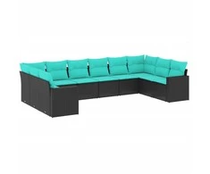 Sofa Sofos komplektas su pagalvėlėmis, 10 dalių, juodas, poliratanas