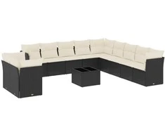 Sofa Sofos komplektas su pagalvėlėmis, 12 dalių, juodas, poliratanas