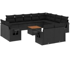 Sofa Sofos komplektas su pagalvėlėmis, 13 dalių, juodas, poliratanas
