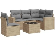 Sofa Sofos komplektas su pagalvėlėmis, 6 dalių, smėlio, poliratanas