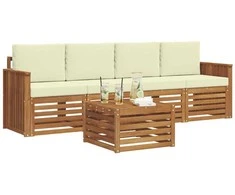 Lauko baldų komplektas Lauko sofos komplektas su pagalve 5 pcs Natūralus ir grietinėlė