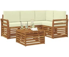 Lauko baldų komplektas Lauko sofos komplektas su pagalve 5 pcs Natūralus ir grietinėlė