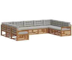 Lauko baldų komplektas Lauko sofos komplektas 9 pcs Natūrali ir šviesiai pilka