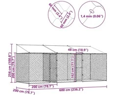 Šuo narvas su stogu Sidabro 600 x 200 x 256 cm Plienas ir PE