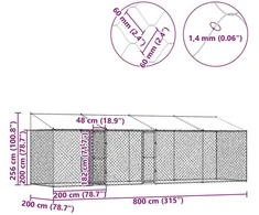 Šuo narvas su stogu Sidabro 800 x 200 x 256 cm Plienas ir PE
