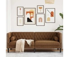 Trivietė chesterfield sofa su pagalvėlėmis, ruda, dirbtinė oda