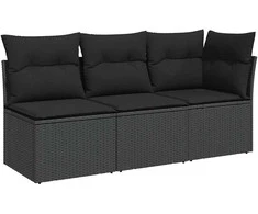Trivietė sodo sofa su pagalvėlėmis, juodos spalvos, poliratanas