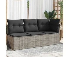 Trivietė sodo sofa su pagalvėlėmis, pilkos spalvos, poliratanas