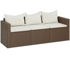Trivietė sodo sofa su pagalvėlėmis, rudos spalvos, poliratanas