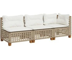 Trivietė sodo sofa su pagalvėlėmis, smėlio spalvos, poliratanas