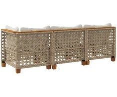 Trivietė sodo sofa su pagalvėlėmis, smėlio spalvos, poliratanas