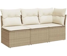 Trivietė sodo sofa su pagalvėlėmis, smėlio spalvos, poliratanas