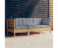 Trivietė sodo sofa su pilkomis pagalvėlėmis, pušies masyvas