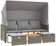Trivietė sodo sofa su skliautu/taburetėmis, pilka, poliratanas