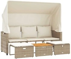 Trivietė sodo sofa su skliautu/taburetėmis, smėlio, poliratanas