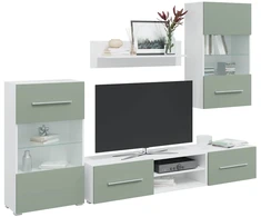TV staliukas 5 dalių televizoriaus spintelės su LED apšvietimu, alyvuogių žalios spalvos, inžinerinė mediena