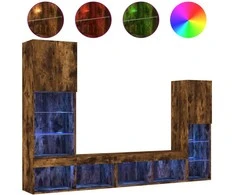 TV staliukas Sieninė TV sekcija su LED, 4 dalių, dūminio ąžuolo, mediena
