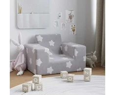 Vaikiška sofa, šviesiai pilka, minkštas pliušas, su žvaigždėmis