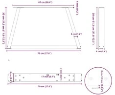 Kavos staliuko kojelės, V formos, 2 vnt., natūralus plienas, 70x(30-31,3) cm, plienas