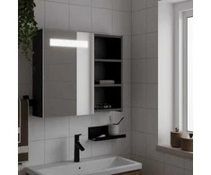 Veidrodinė vonios kambario spintelė su LED, juoda, 60x13x52cm