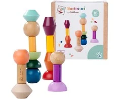 Montessori mediniai figūrėlių bokštai, 16 spalvingų detalių