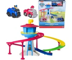 „Paw Patrol“ gaudynių ir gelbėjimo rinkinys: bėgių kelio bokštas + 2 šuniukų transporto priemonės