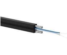 FO OS2 FTTH plokščias šviesolaidinis kabelis SM 2J 9/125 LSOH juoda, sustiprintas dviem plieniniais strypais 1000m - ALANTEC