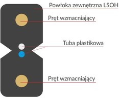 FO OS2 FTTH plokščias šviesolaidinis kabelis SM 2J 9/125 LSOH juoda, sustiprintas dviem plieniniais strypais 1000m - ALANTEC