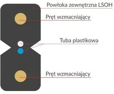 FO OS2 FTTH plokščias šviesolaidinis kabelis SM 2J 9/125 LSOH juoda, sustiprintas dviem plieniniais strypais 1000m - ALANTEC