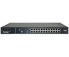 Šakotuvas Nevaldomas komutatorius su 24 RJ45 PoE+ 1 Gb/s prievadais + 2 SFP Uplink 1 Gb/s prievadais (250 W galios biudžetas) AVIZIO