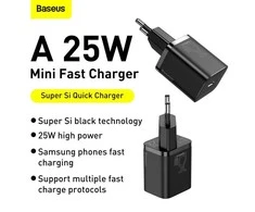Baseus Super Si greitas įkroviklis 1C 25W su USB-C - USB-C kabelis 1m - Juodas