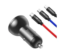Baseus automobilinis įkroviklis 24W su 3-in-1 USB kabeliu 1.2m