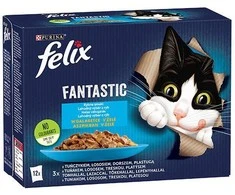 Purina Nestle Drėgnas Kačių Maistas - Felix Fantastiški Žuvų Skoniai Drebučiuose su Tunu, Lašiša, Menke ir Plekšnėmis (12x 85g)