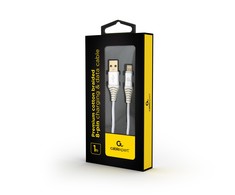 GEMBIRD CC-USB2B-AMLM-1M-BW2 Gembird Premium medvilninis pintas 8 kontaktų įkrovimo ir duomenų kabelis, 1m, sidabrinis/baltas