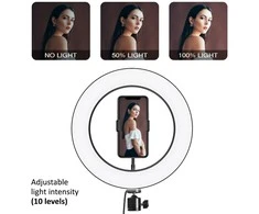 „Maclean MCE610“ 10 colių 12 W LED žiedinis šviestuvas su trikoju ir „Bluetooth“ užraktu. 3 spalvos, 10 ryškumo lygių, nuo 10 % iki 100 %, reguliuojamas ryškumas, 160 LED. Išmanusis telefonas, laikiklis, apšvietimas.