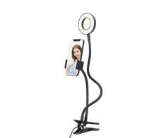 Gembird Selfie žiedo lemputė su telefono laikikliu | Gembird | Asmenukės žiedo lemputė su telefono laikikliu | LED-RING4-PH-01 | ABS + metalas | LED žiedo skersmuo: 3,5''. Lanksčios rankos telefono laikikliui ir asmenukių žiedui. Praktiški mygtukai, skirti keisti šviesos intensyvumą, spalvą (vėsus/šiltas) ir įjungimo/išjungimo jungiklį. Ryškumas: 10 nustatymų