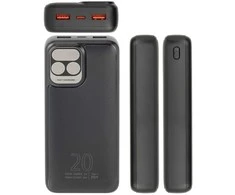 „RivaCase“ išorinė baterija 20 000 mAh USB-C 20 W LCD, 1 x įvestis/išvestis USB-C PD 20 W, 2 x USB-A QC 3.0 18 W, juoda