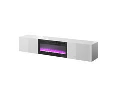 Laikiklis Cama Meble Televizoriaus Spintelė - Slide 200K su Elektriniu Židiniu, 200x40x37 cm, Blizgi Balta