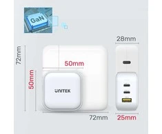 UNITEK CHARGER GaN 2x USB-C 1x USB-A PD QC 3.0 66W Juodas