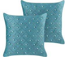 Beliani Rinkinys 2 dekoratyvinės pagalvės YARROW Velvet 45 x 45 cm Mėlyna Geometrinis raštas
