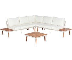 Lauko baldų komplektas Beliani L formos sodo kampinė sofa su staliuku 5 asmenims CORATO, balta, akacijos mediena