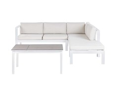 Lauko baldų komplektas Beliani Sodo kampinė sofa su staliuku 5 asmenims MESSINA kairinė, balta, metalinė