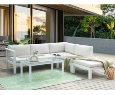 Lauko baldų komplektas Beliani Sodo kampinė sofa su staliuku 5 asmenims MESSINA kairinė, balta, metalinė