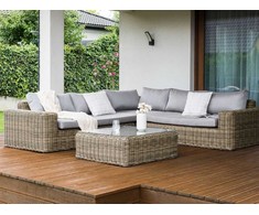 Lauko baldų komplektas Beliani Sodo kampinė sofa su pufu 6 asmenims PALERMO šviesiai ruda technorattanas, modulinė