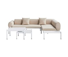 Lauko baldų komplektas Beliani L formos sodo kampinė sofa su staliuku 5 asmenims RASIGLIA kairinė smėlio spalvos metalinė