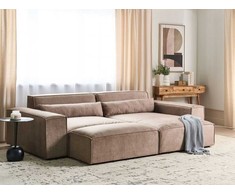 Beliani HELLNAR modulinė kampinė sofa 3 vietų su pufu, šviesiai ruda, kairinė