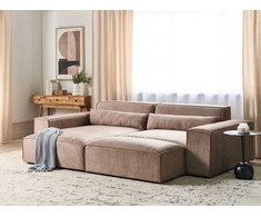 Beliani 3 vietų modulinė kampinė sofa HELLNAR su pufu, šviesiai ruda, dešininė